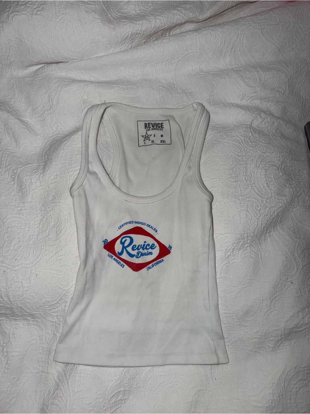 REVICE White Ribbed Tank with Blue & Red Logo